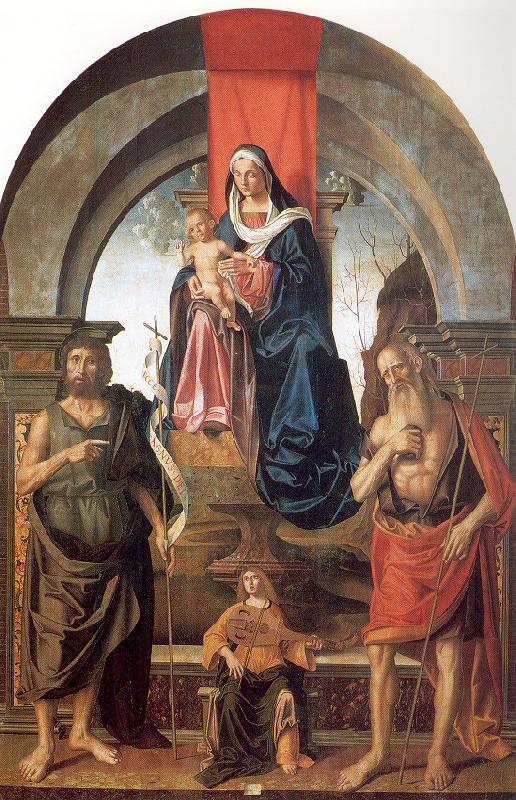 Palmezzano, Marco Virgin and Child Enthroned between Saints John the Baptist and Jerome Norge oil painting art